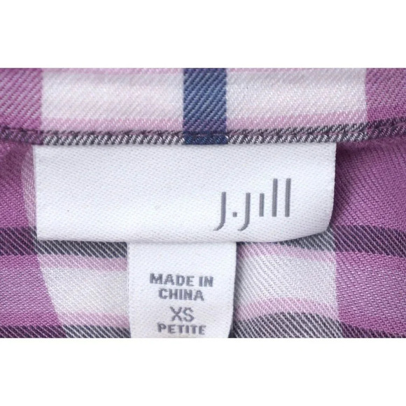 J. Jill Top Women Extra Small Plaid Lavender Ruffle Hem Button Up Blouse Shirt - Picture 3 of 10